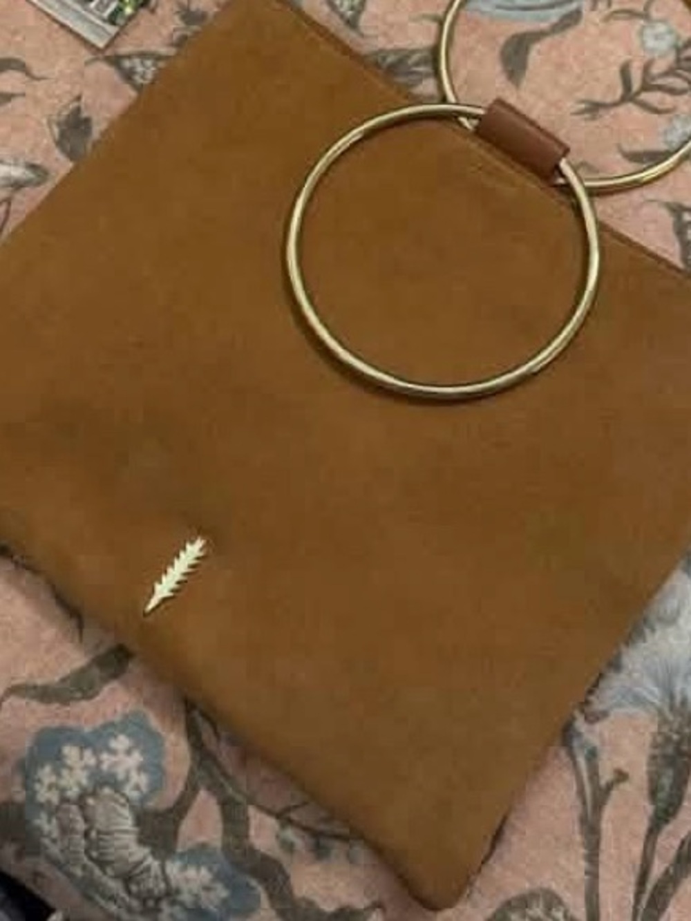 Thacker Le Pouch Cognac Suede Leather Crossbody Bag with Gold Ring Handles